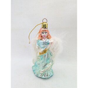 Vtg. Best Santa Christmas Ornament Angel 'NOEL' Glass Angel faux Feathers 5.25”